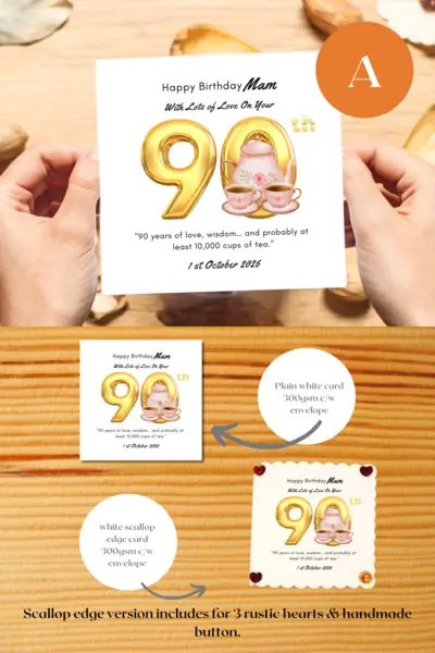 Personalised 90th birthday card teapot mam handmade in ireland
