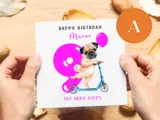 Personalised birthday card girl age 9 cute pug dog