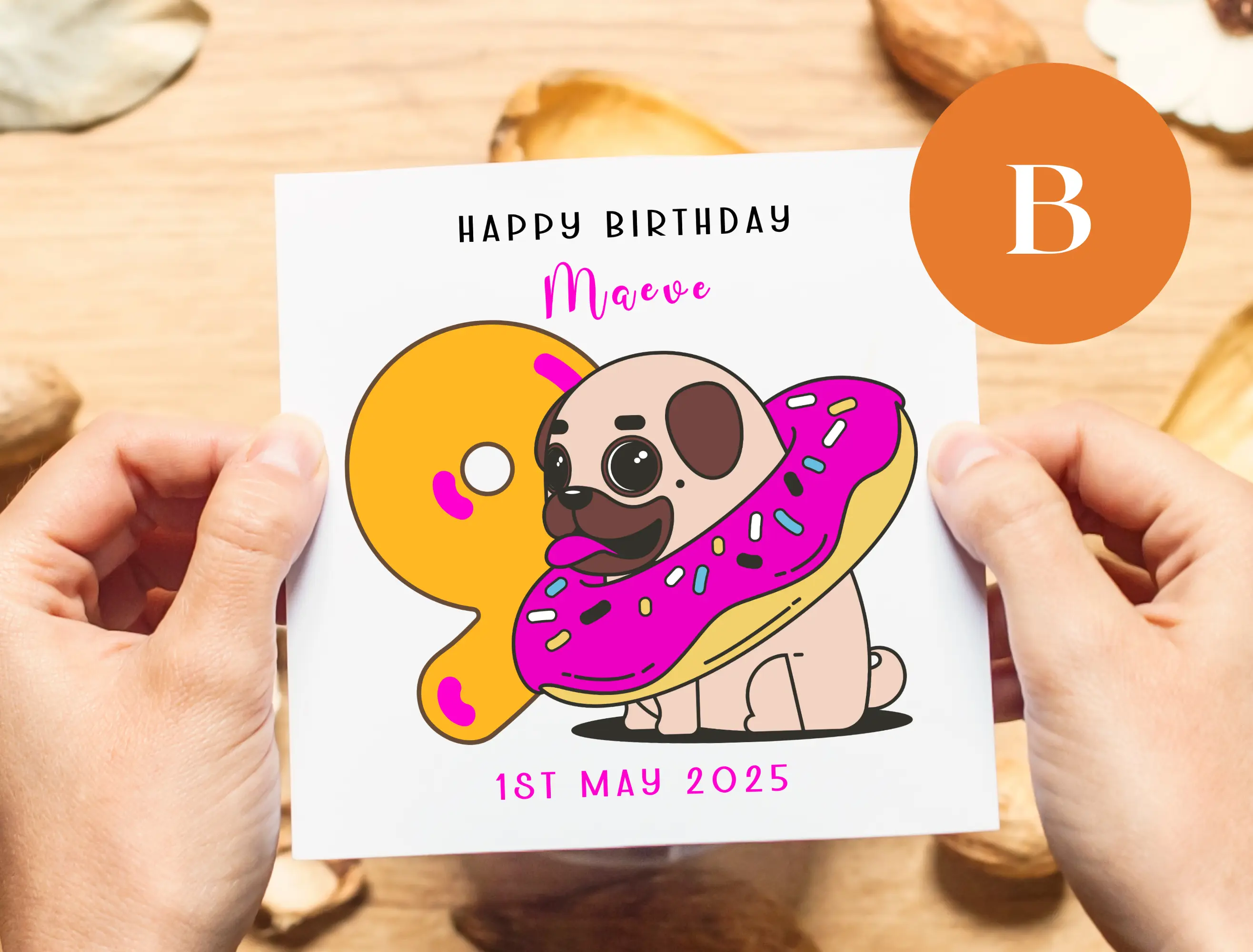 Personalised birthday card girl age 9 cute pug dog