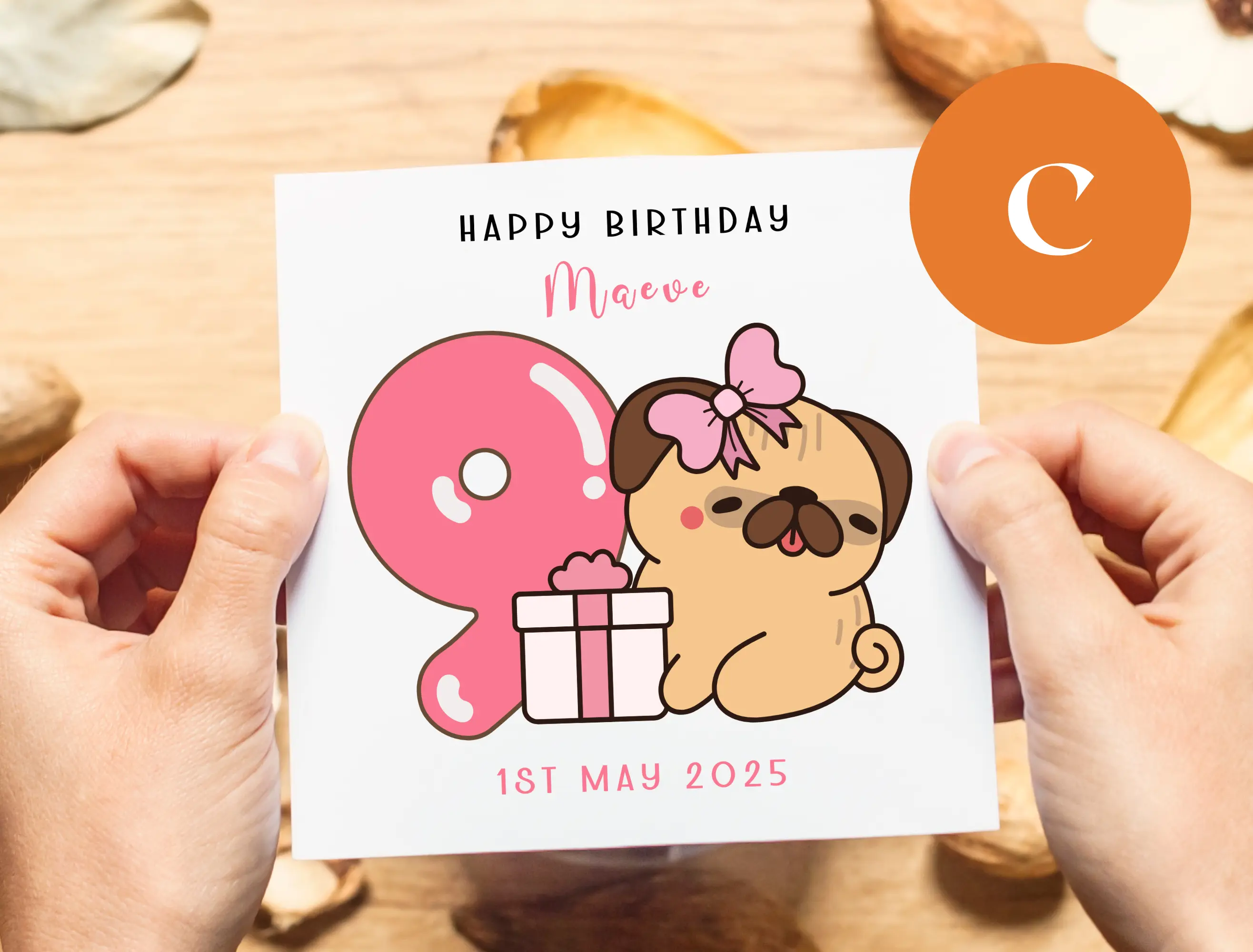 Personalised birthday card girl age 9 cute pug dog