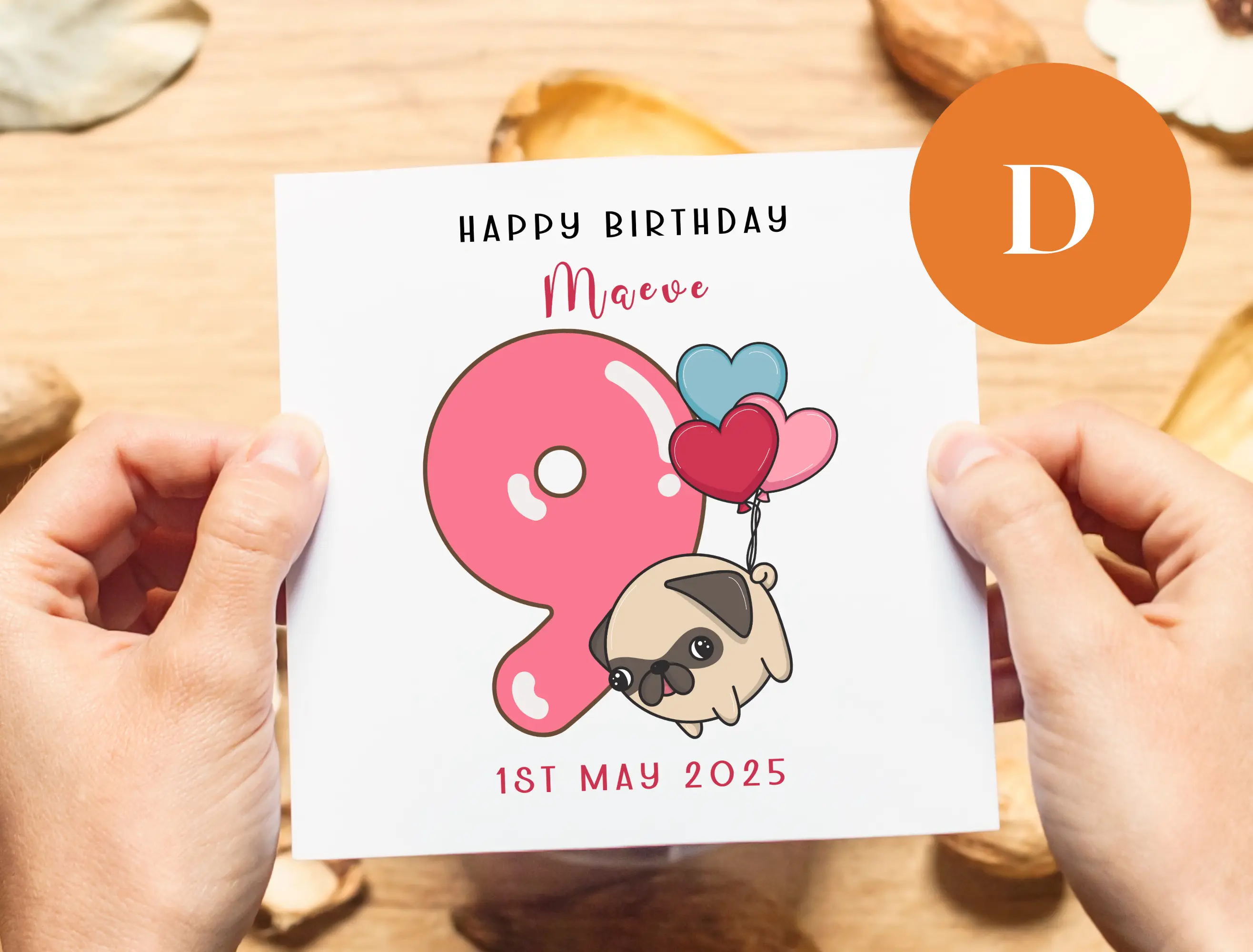 Personalised birthday card girl age 9 cute pug dog