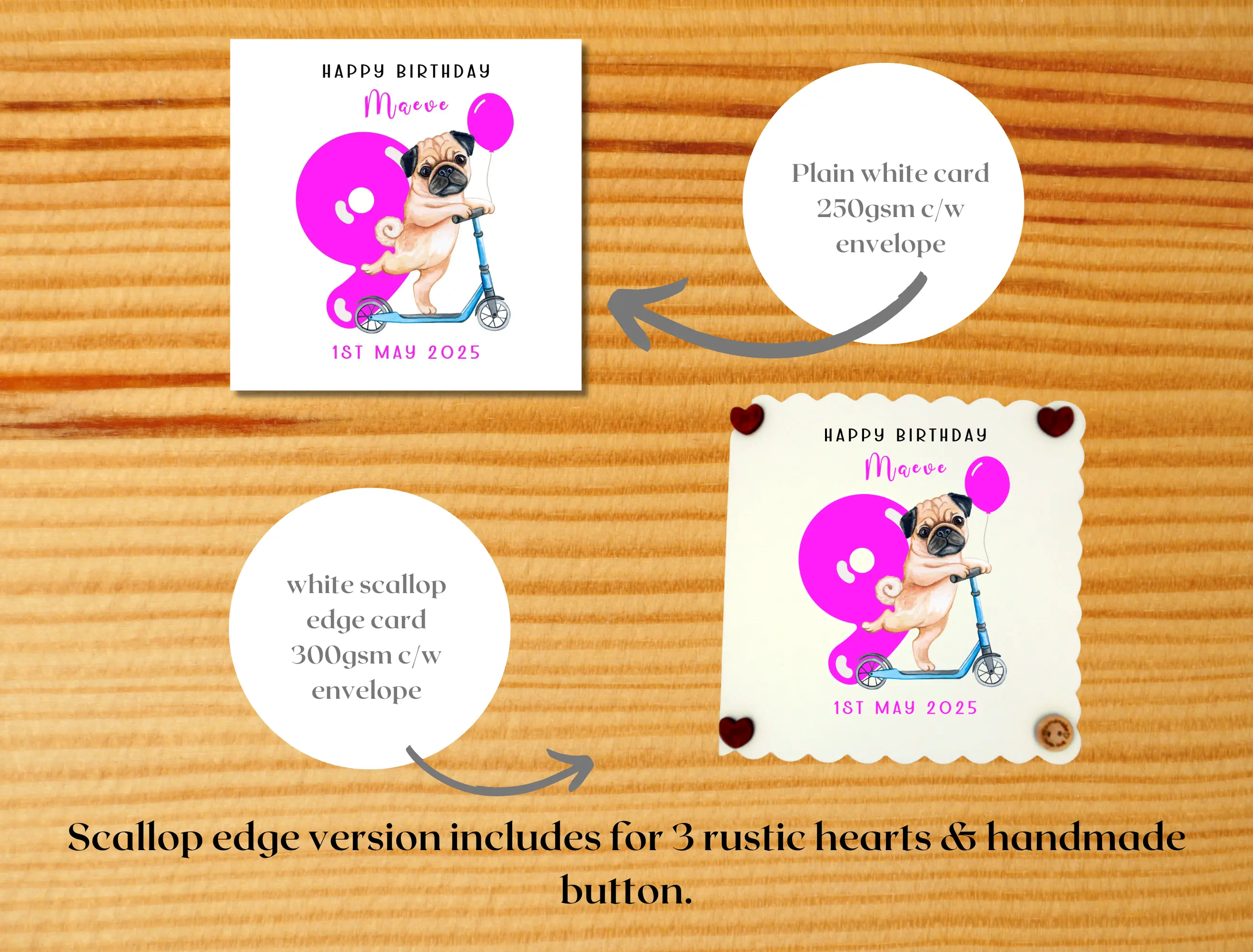 Personalised birthday card girl age 9 cute pug dog