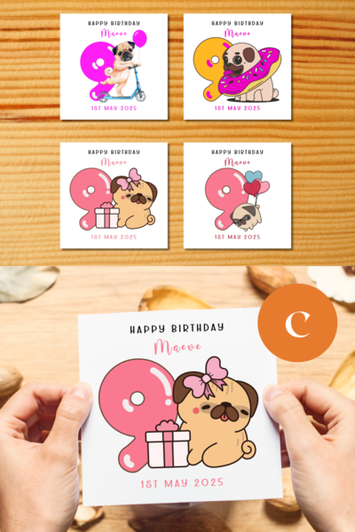 Personalised birthday card girl age 9 cute pug dog