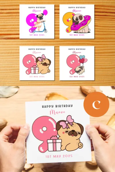 Personalised birthday card girl age 9 cute pug dog