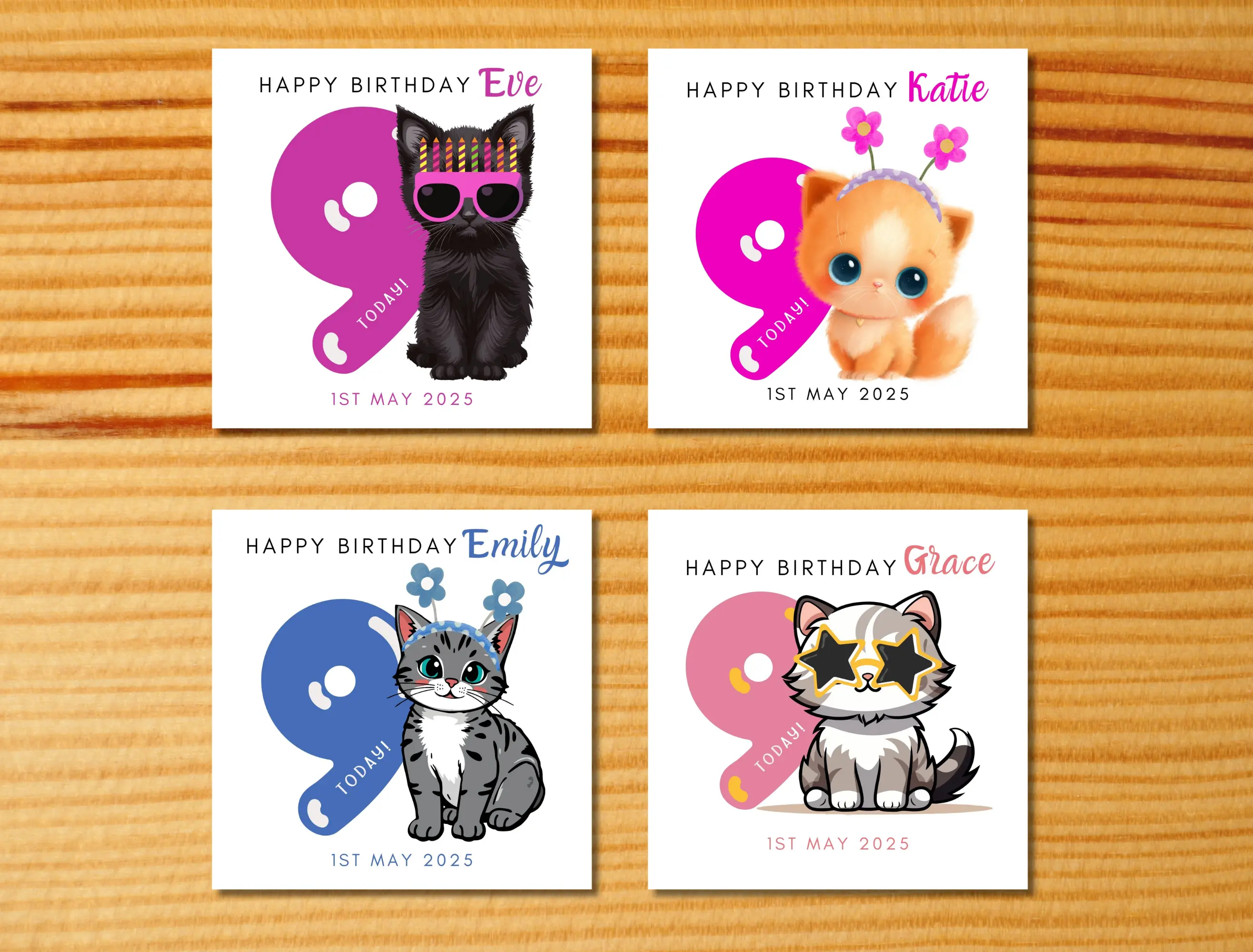 Personalised cute kitten birthday card girl age 9