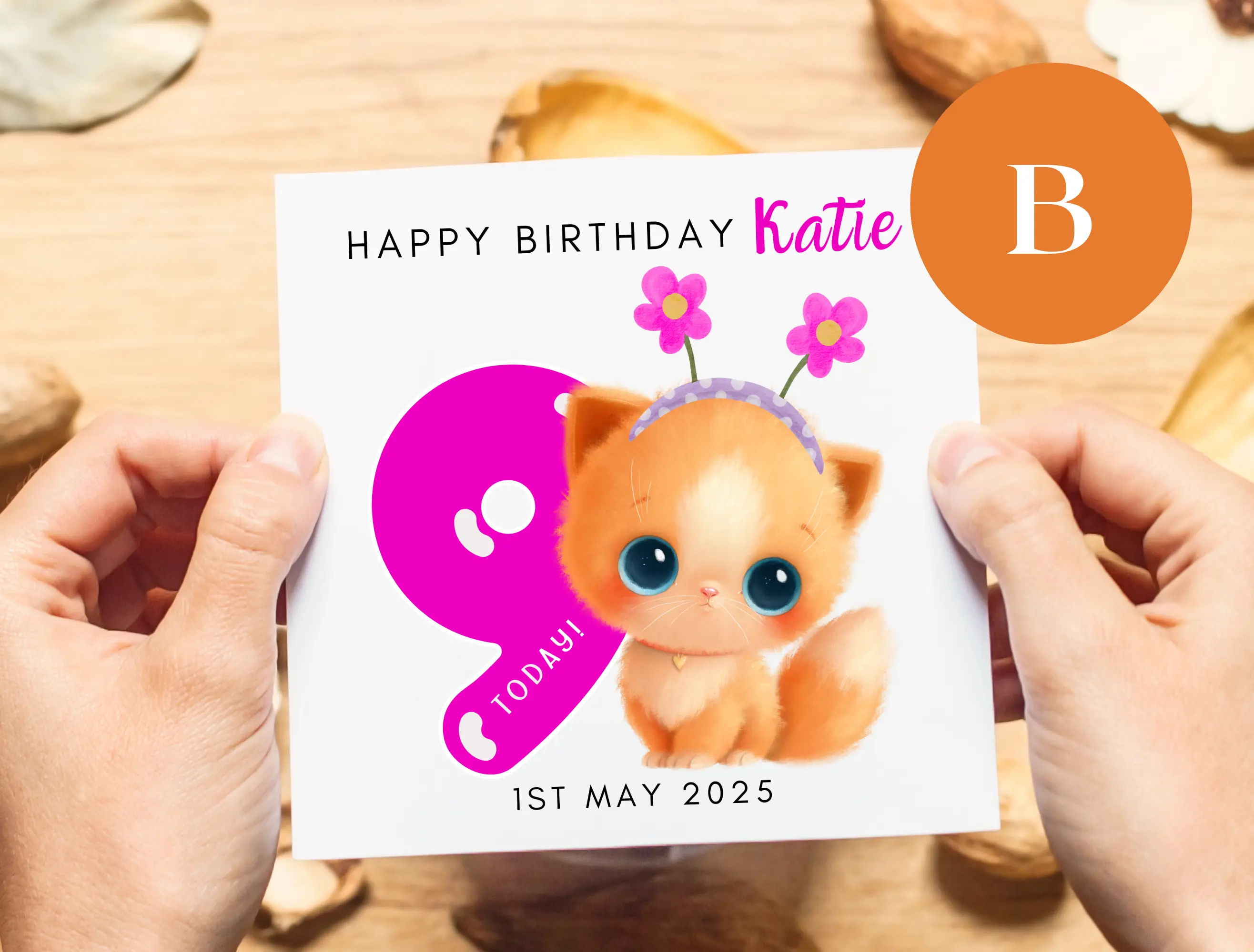 Personalised cute kitten birthday card girl age 9