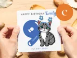 Personalised cute kitten birthday card girl age 9