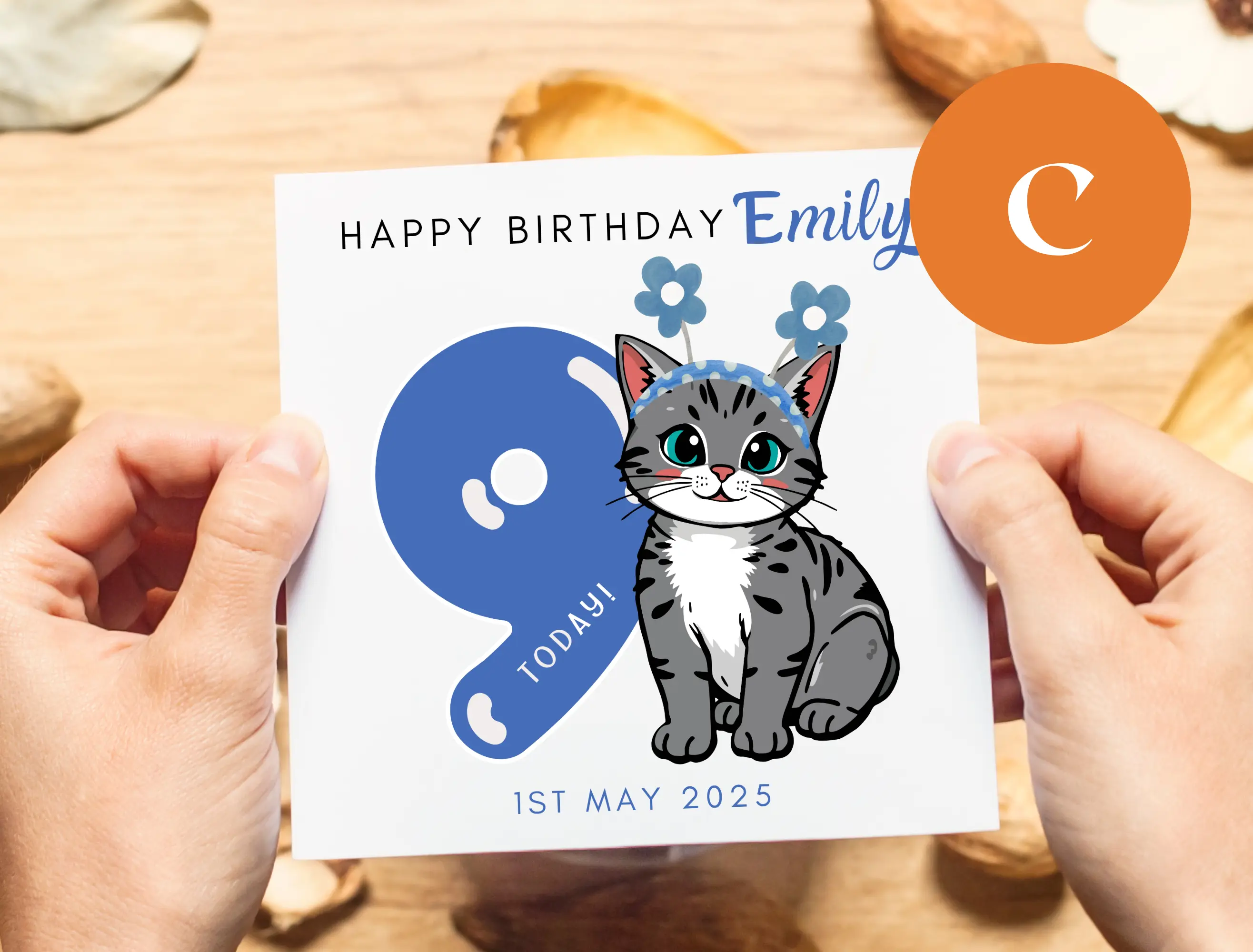 Personalised cute kitten birthday card girl age 9