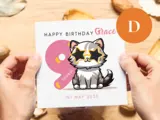 Personalised cute kitten birthday card girl age 9