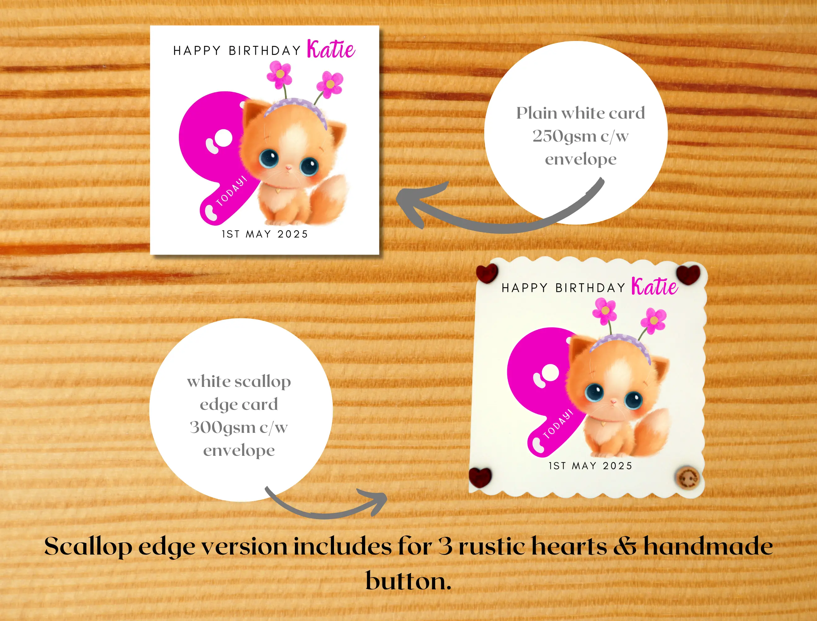 Personalised cute kitten birthday card girl age 9