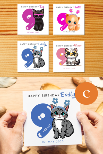 Personalised cute kitten birthday card girl age 9