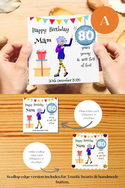 Personalised funny birthday card 80 year old mam nana handmade in ireland
