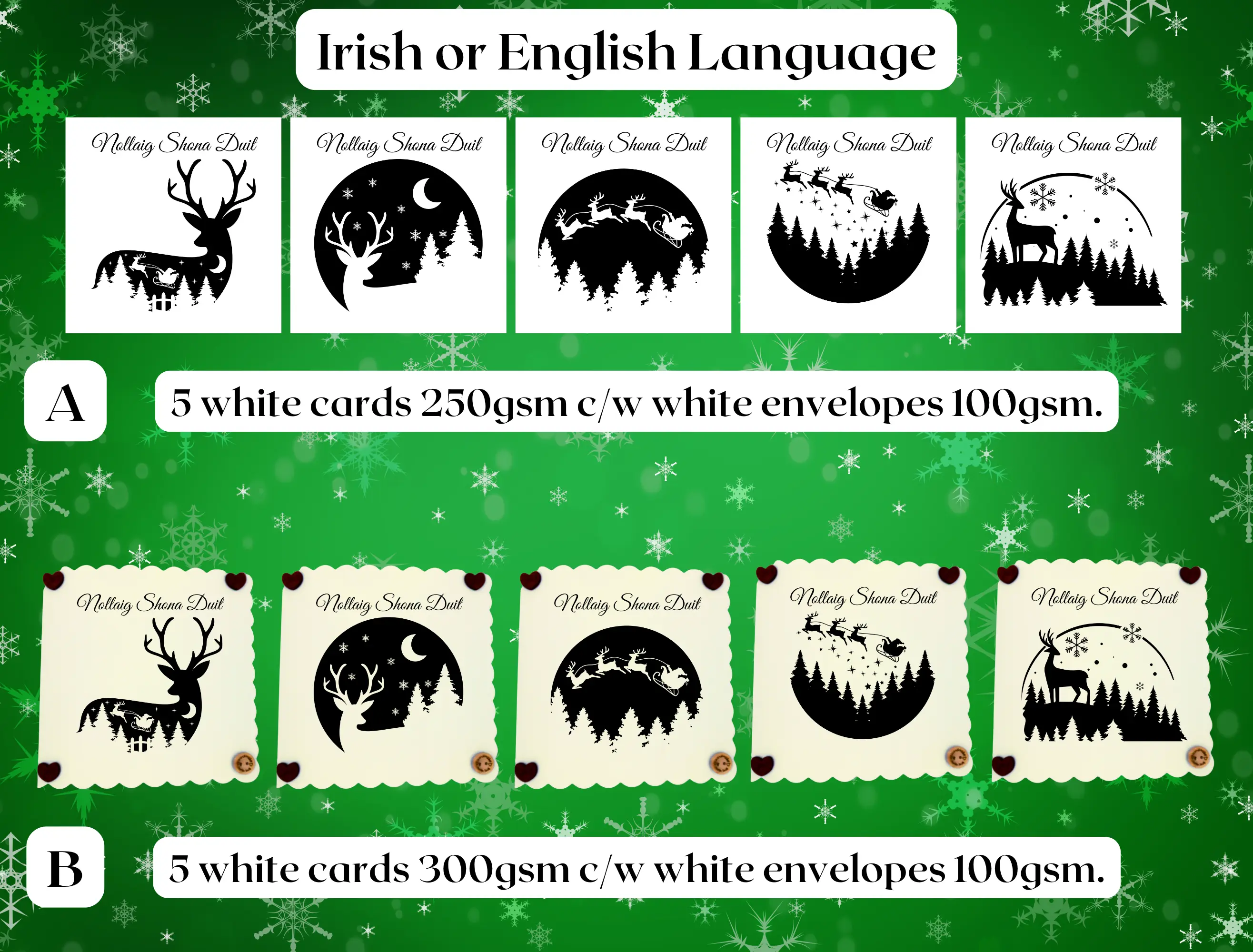 Irish language christmas cards black and white pack of 5