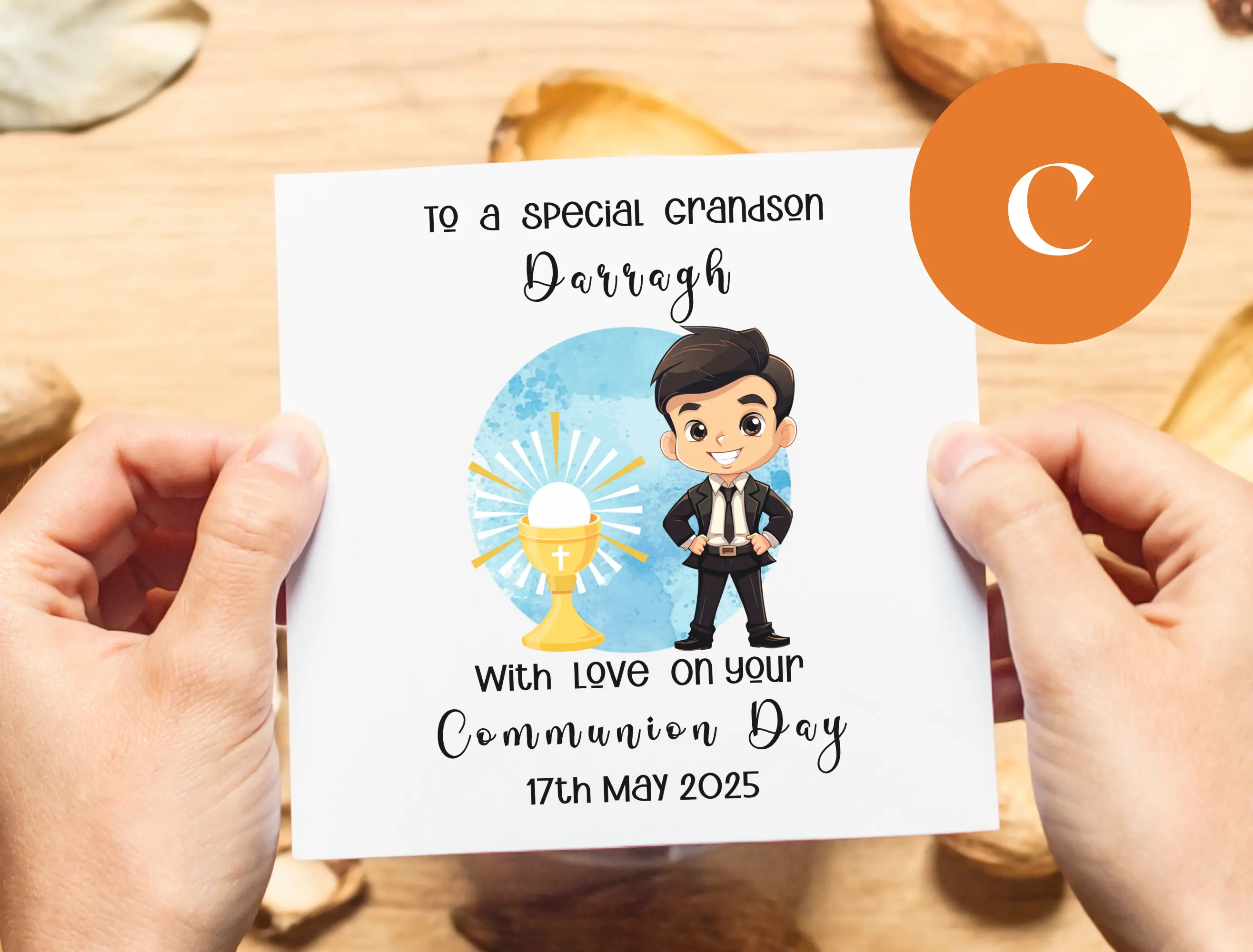 Custom handmade grandson first holy communion card catholic chalice