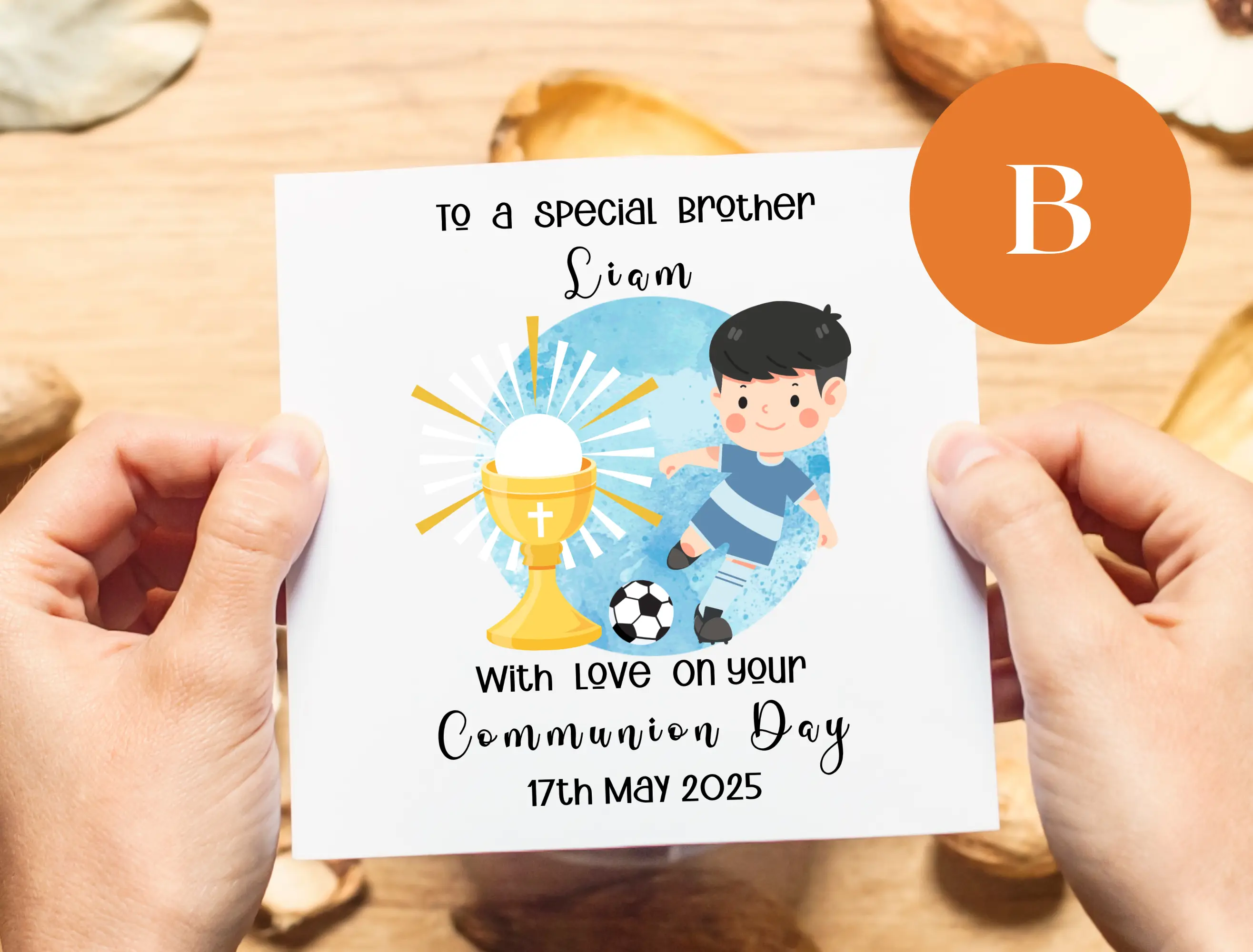 Customised first holy communion card brother catholic football