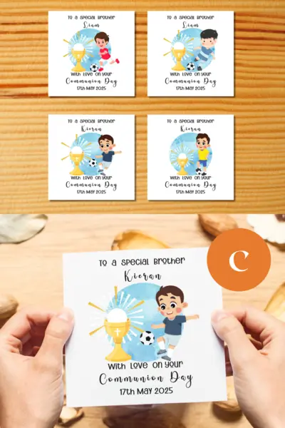 Customised first holy communion card brother catholic football