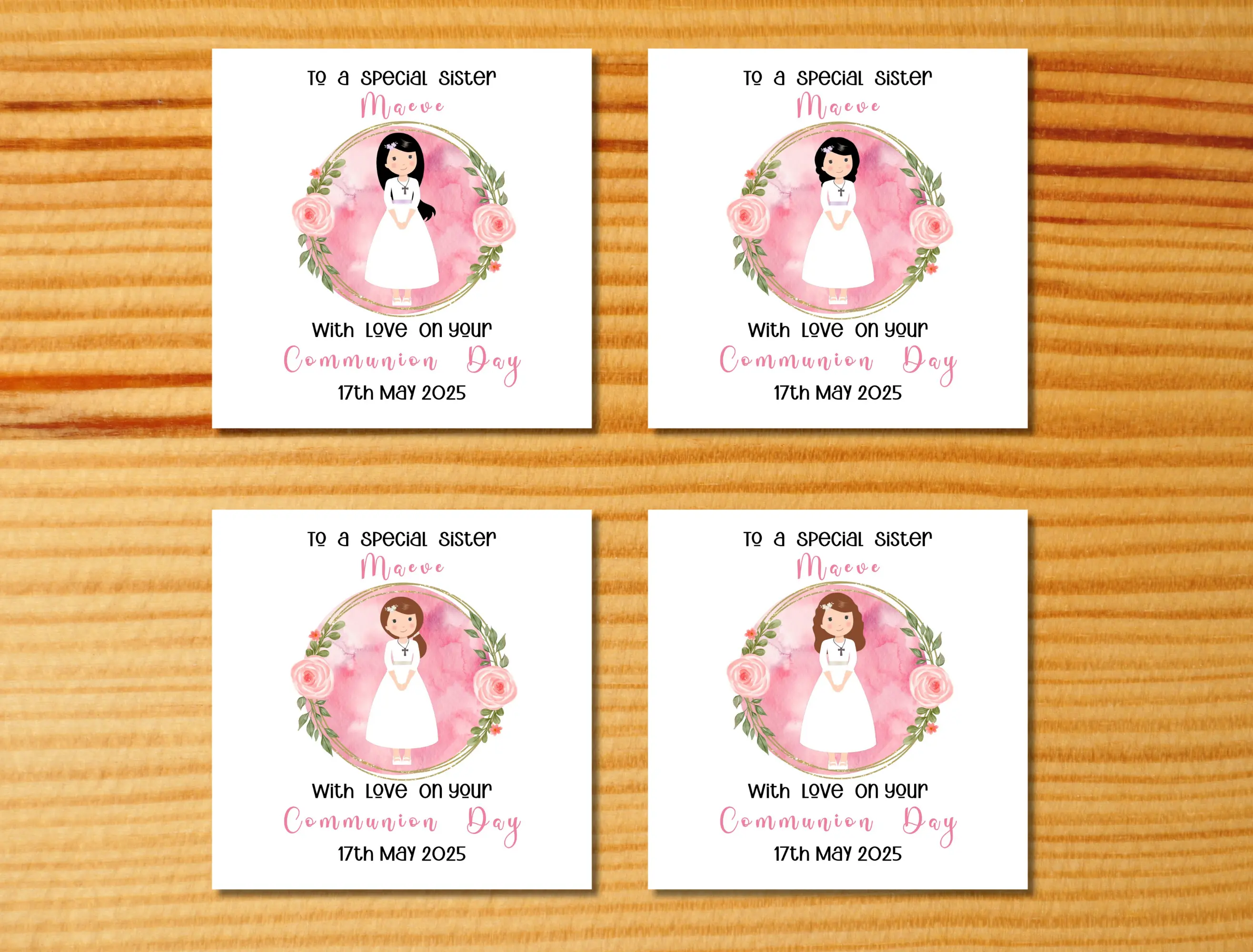 Customised first holy communion card for your sister with a floral frame