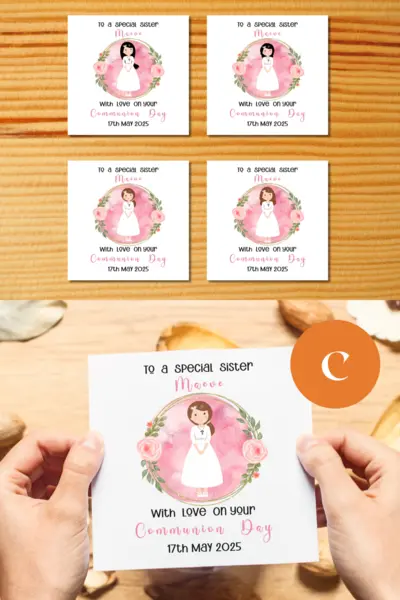 Customised first holy communion card for your sister with a floral frame