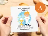 Customised first holy communion card son suit holy chalice blue watercolor