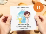 Customised first holy communion card son suit holy chalice blue watercolor