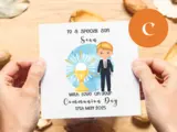 Customised first holy communion card son suit holy chalice blue watercolor