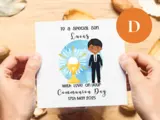 Customised first holy communion card son suit holy chalice blue watercolor