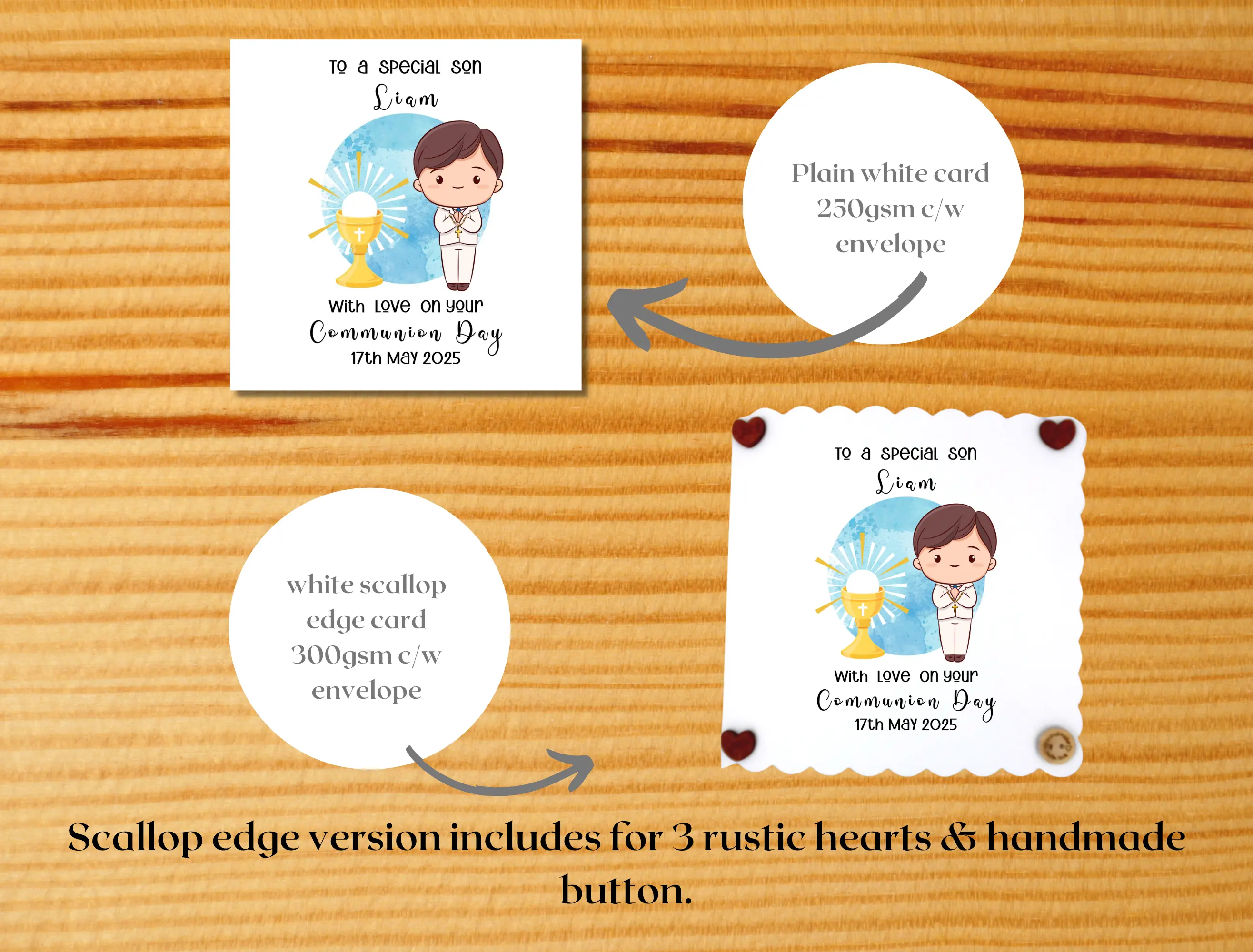 Customised first holy communion card son suit holy chalice blue watercolor