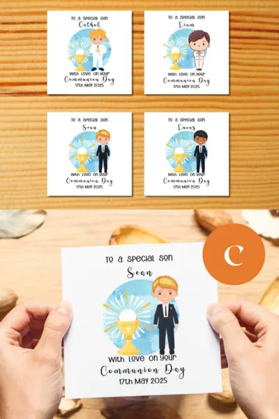 Customised first holy communion card son suit holy chalice blue watercolor