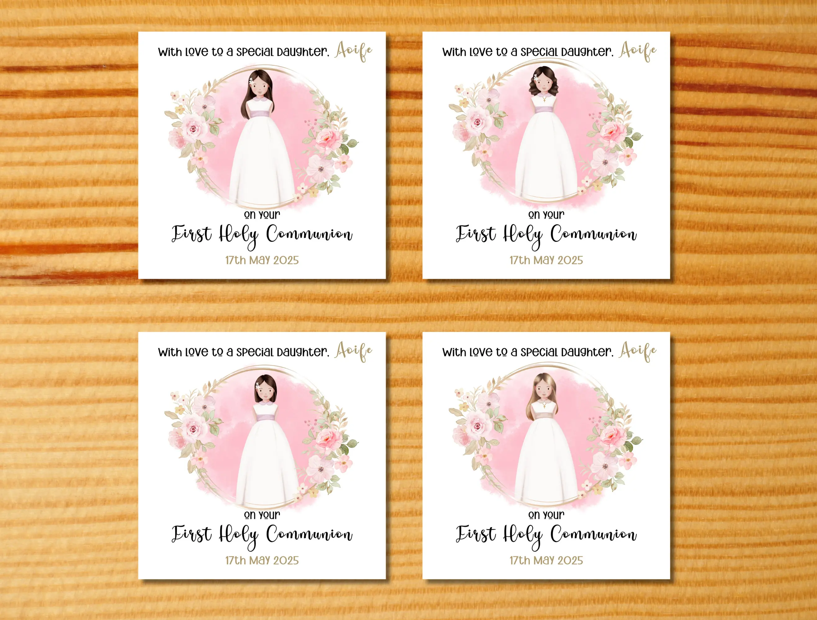 Customised first holy communion card special daughter pink rose floral design