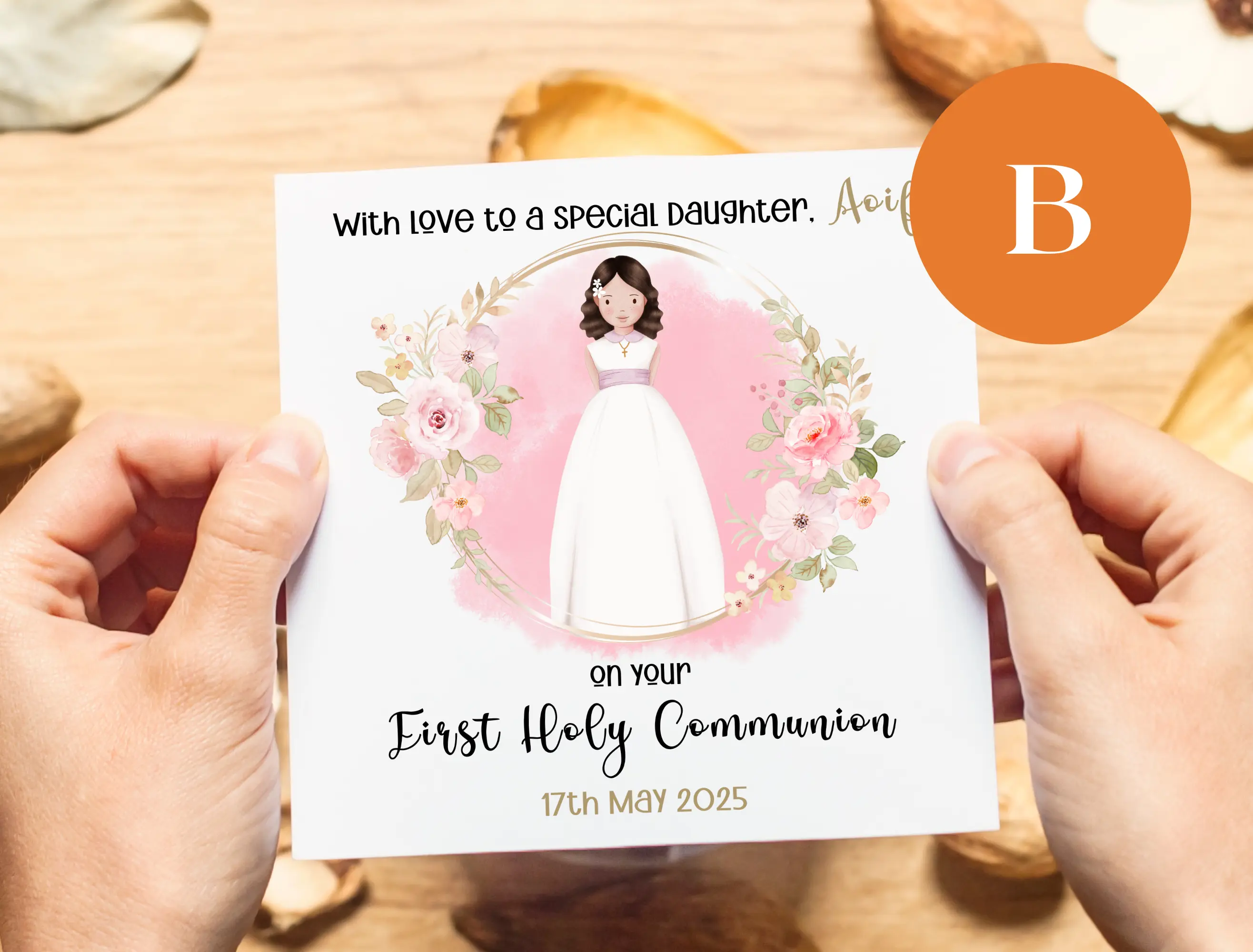 Customised first holy communion card special daughter pink rose floral design