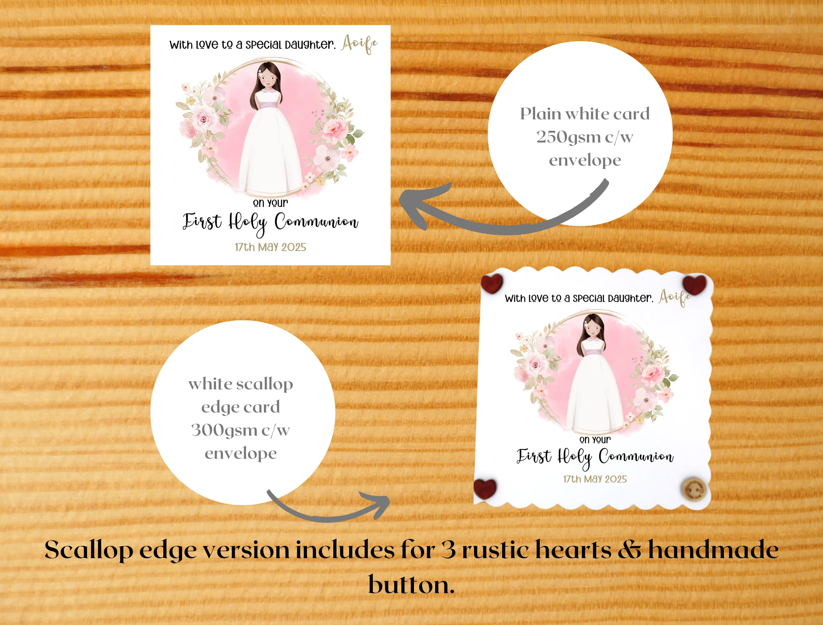 Customised first holy communion card special daughter pink rose floral design