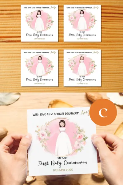 Customised first holy communion card special daughter pink rose floral design