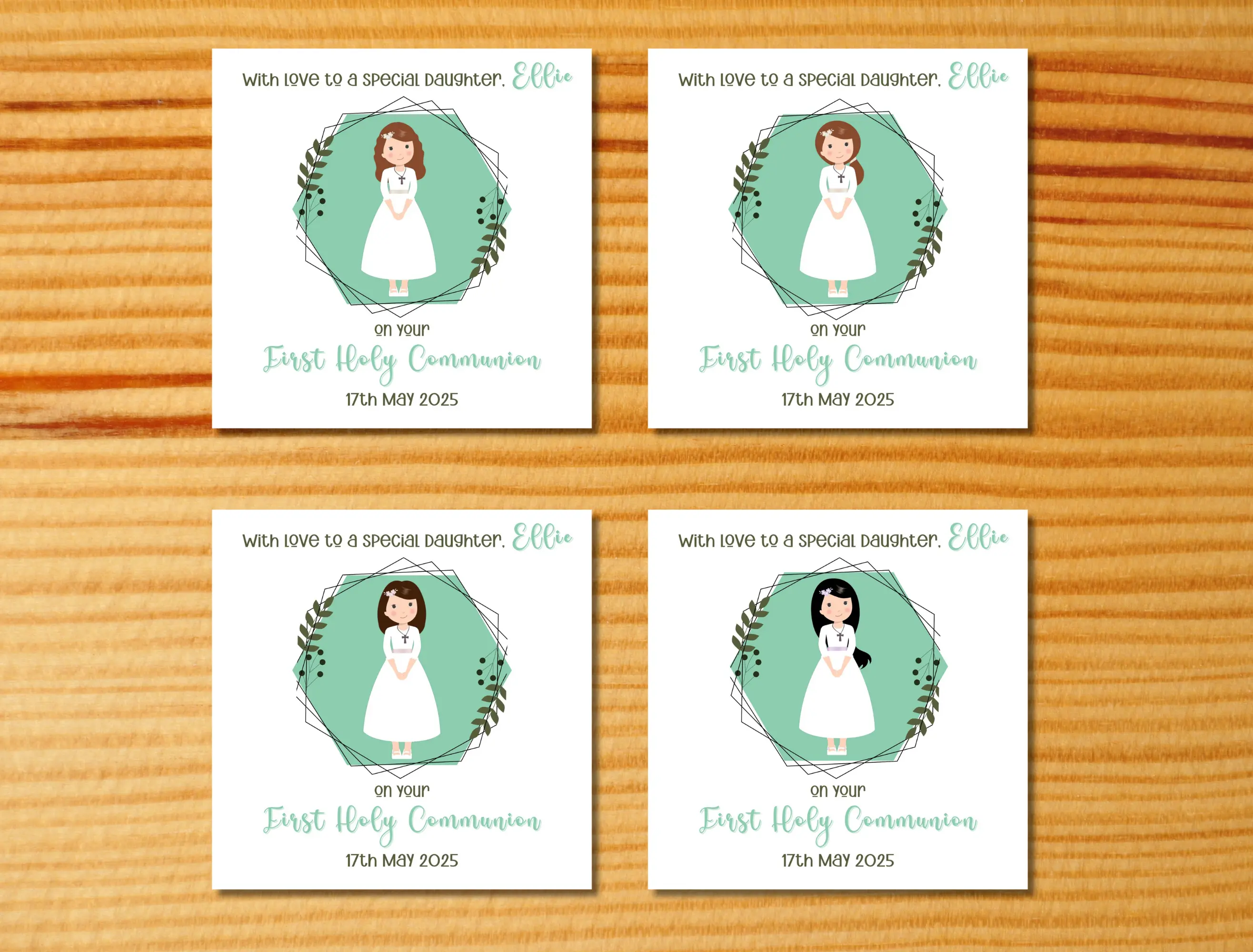 First holy communion card special daughter modern floral design girl communion dress