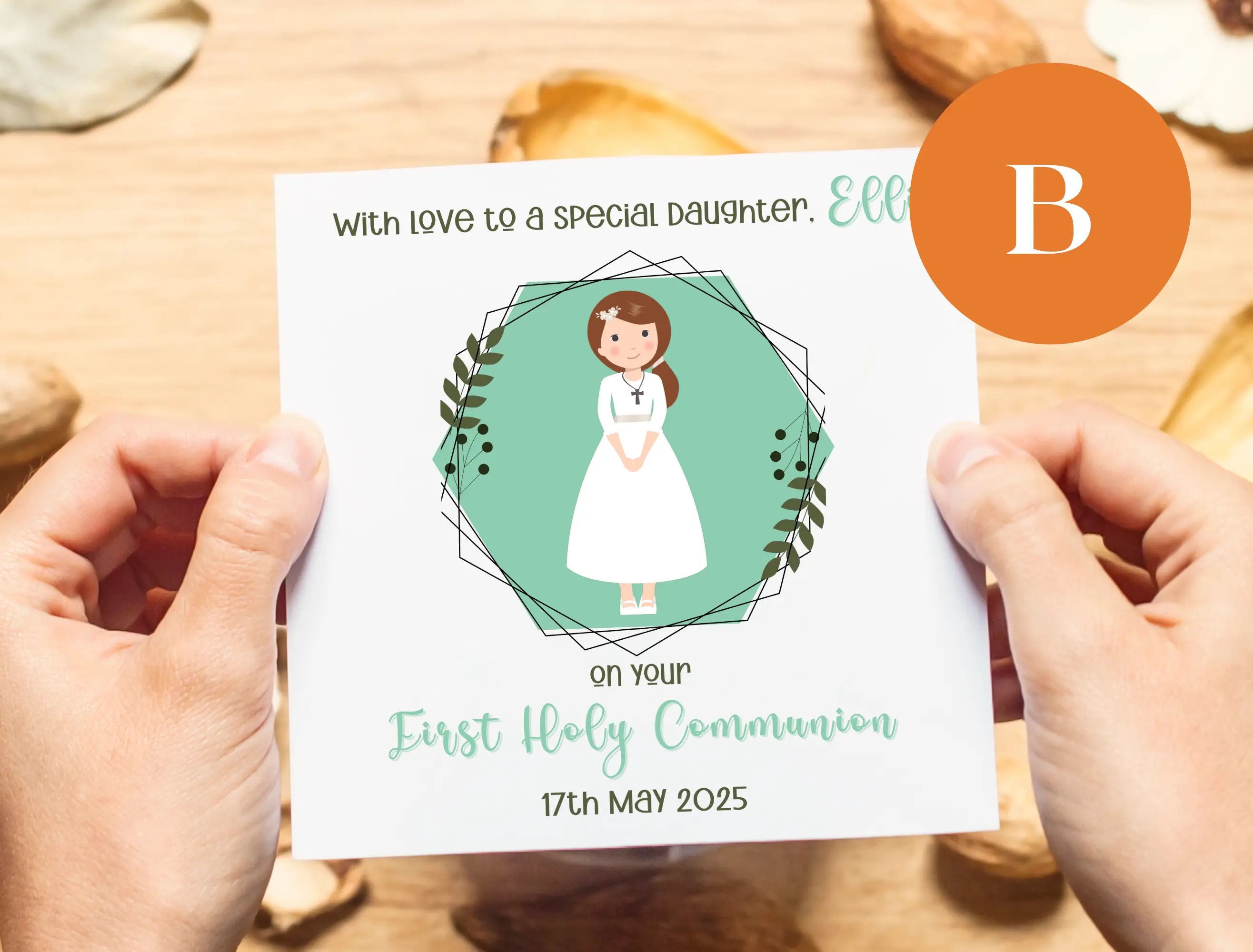 First holy communion card special daughter modern floral design girl communion dress