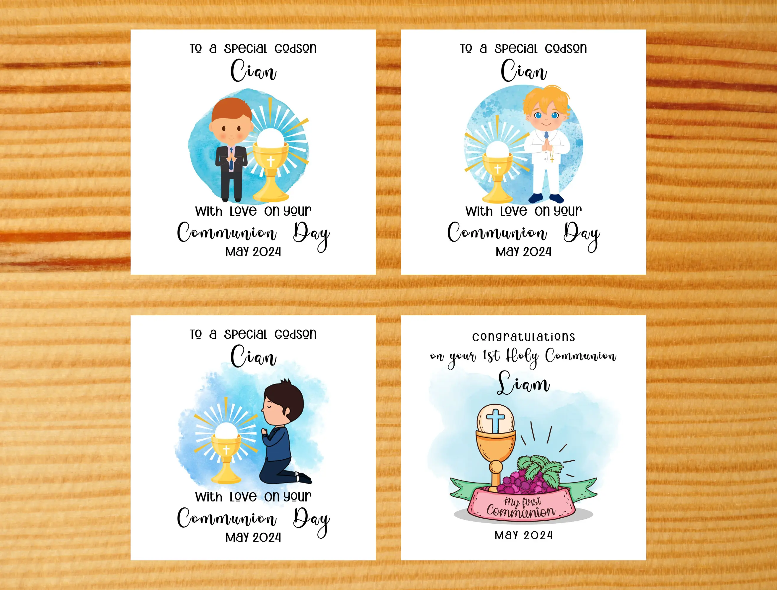 Personalised boys godson communion card cute blue and white