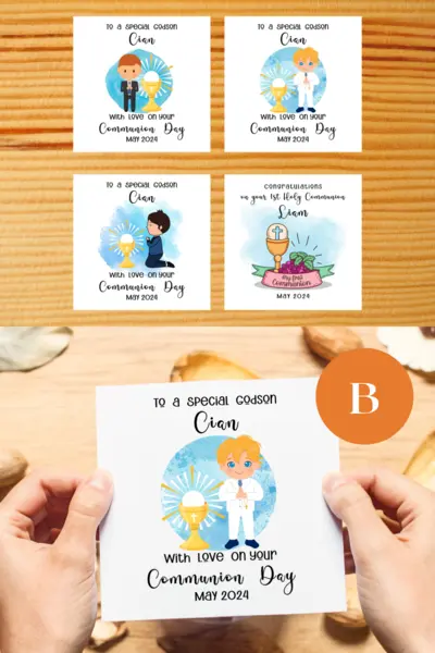 Personalised boys godson communion card cute blue and white