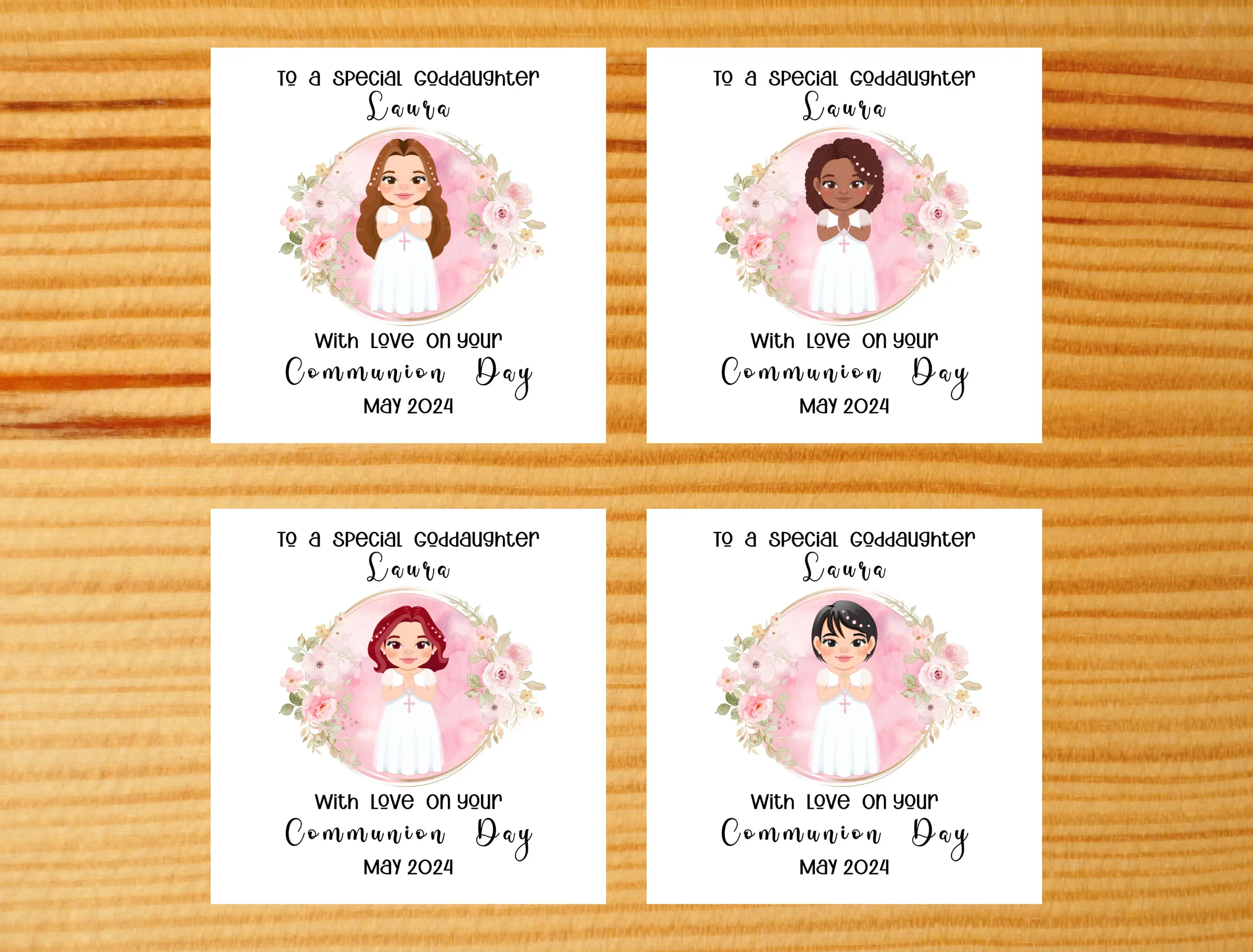 Personalised communion card for girls cute pink flowers