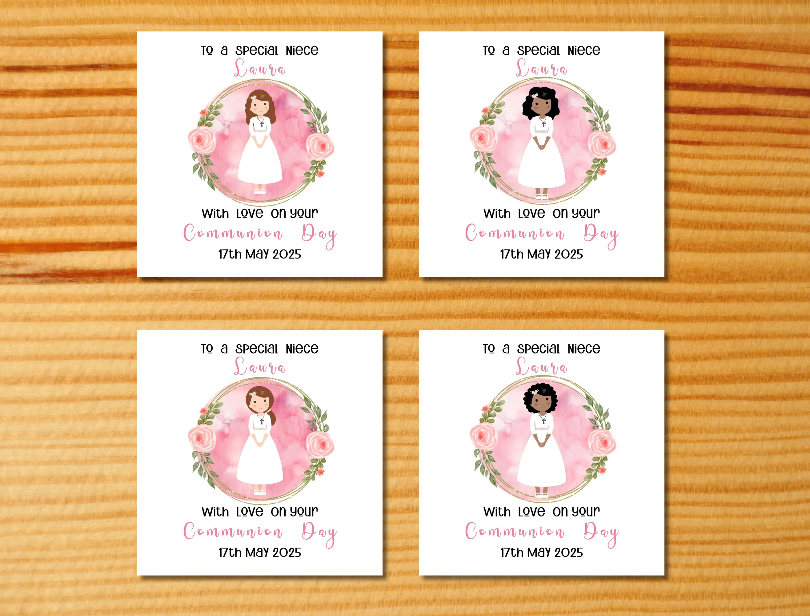 Personalised first holy communion card niece elegant pink rose floral watercolour