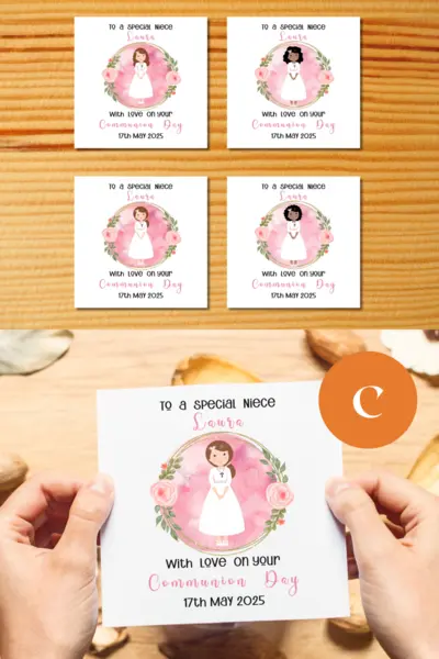 Personalised first holy communion card niece elegant pink rose floral watercolour