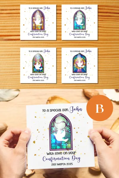 Confirmation card for son with dove cross on stained glass window