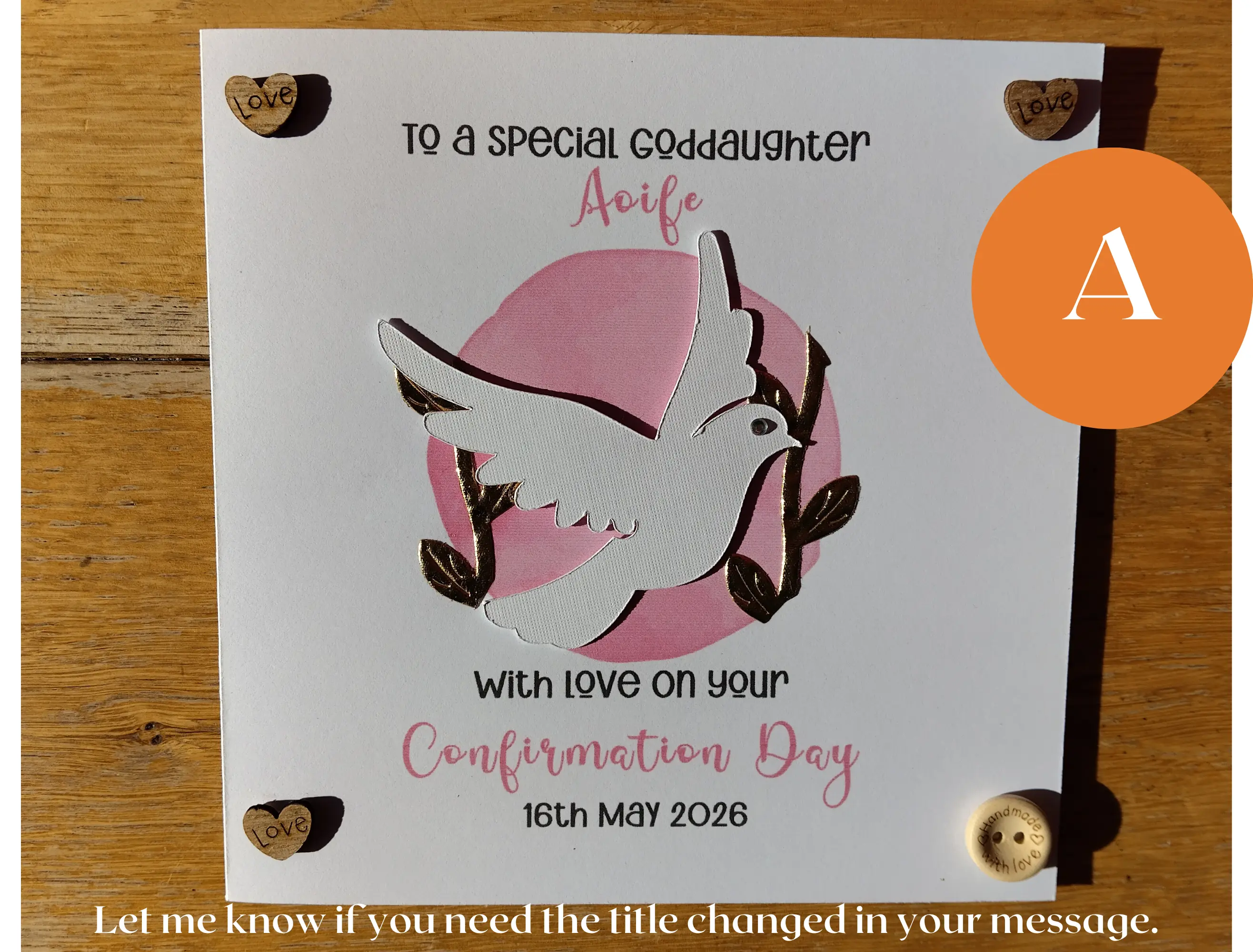 Personalised confirmation card boy girl dove cutout hearts