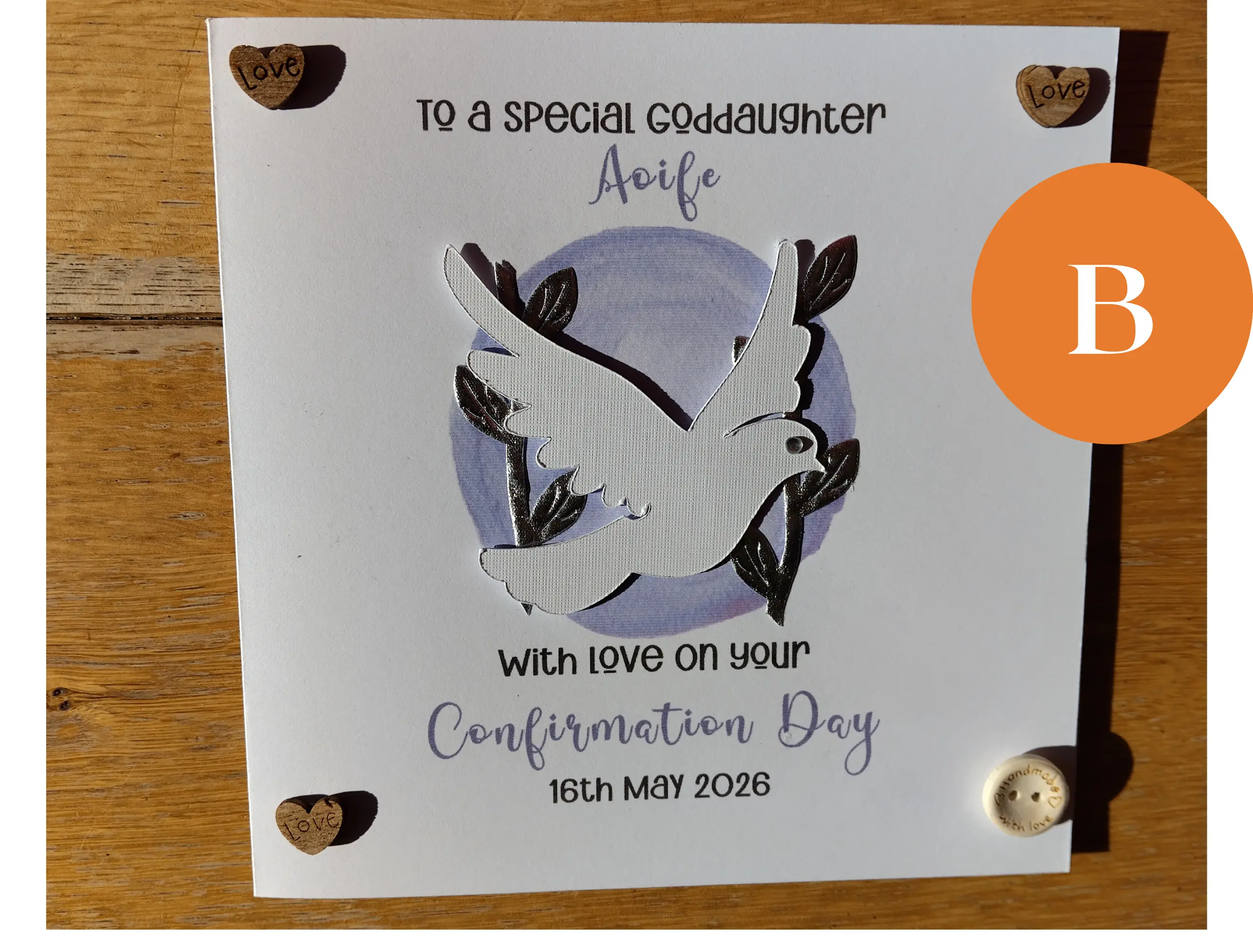 Personalised confirmation card boy girl dove cutout hearts