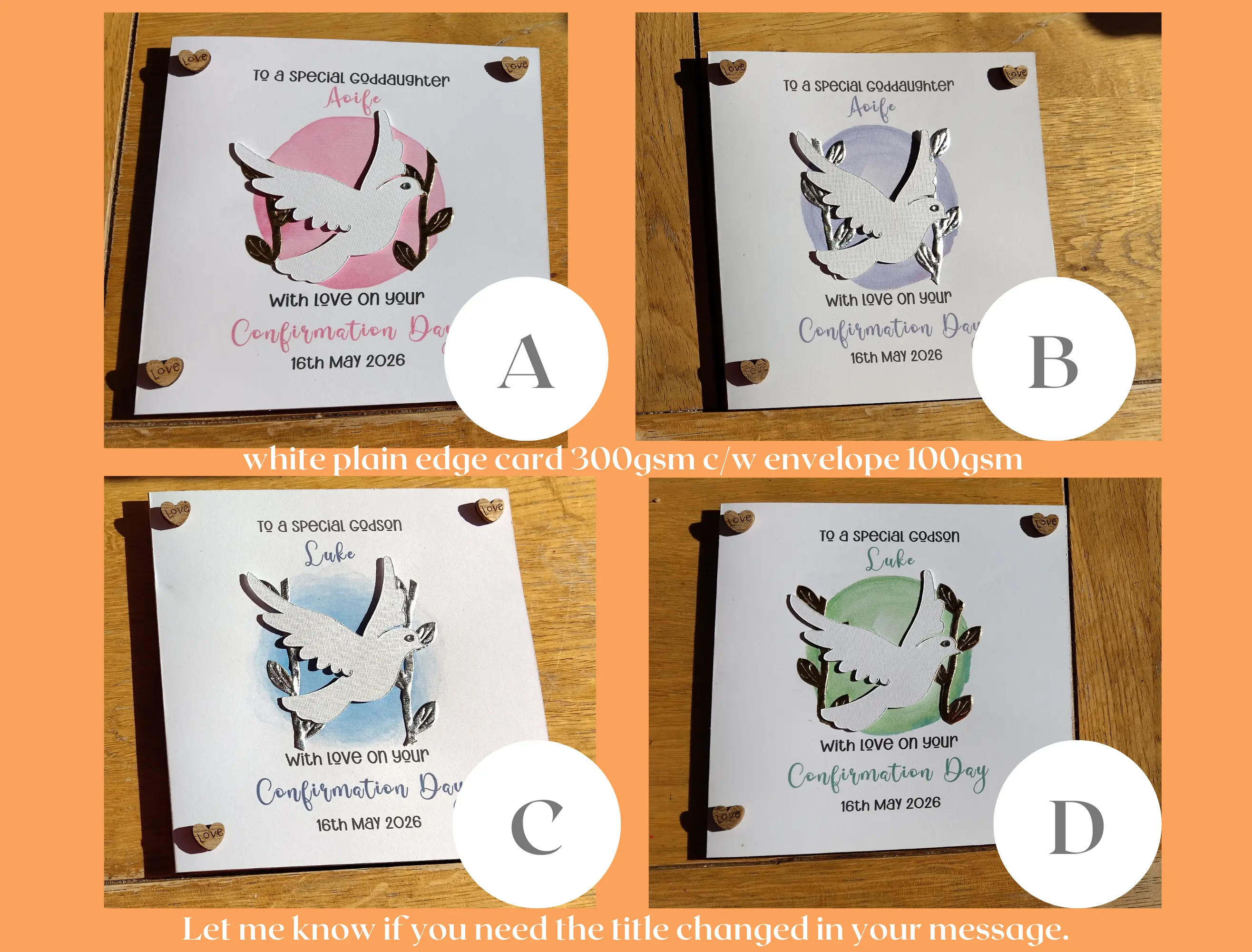 Personalised confirmation card boy girl dove cutout hearts