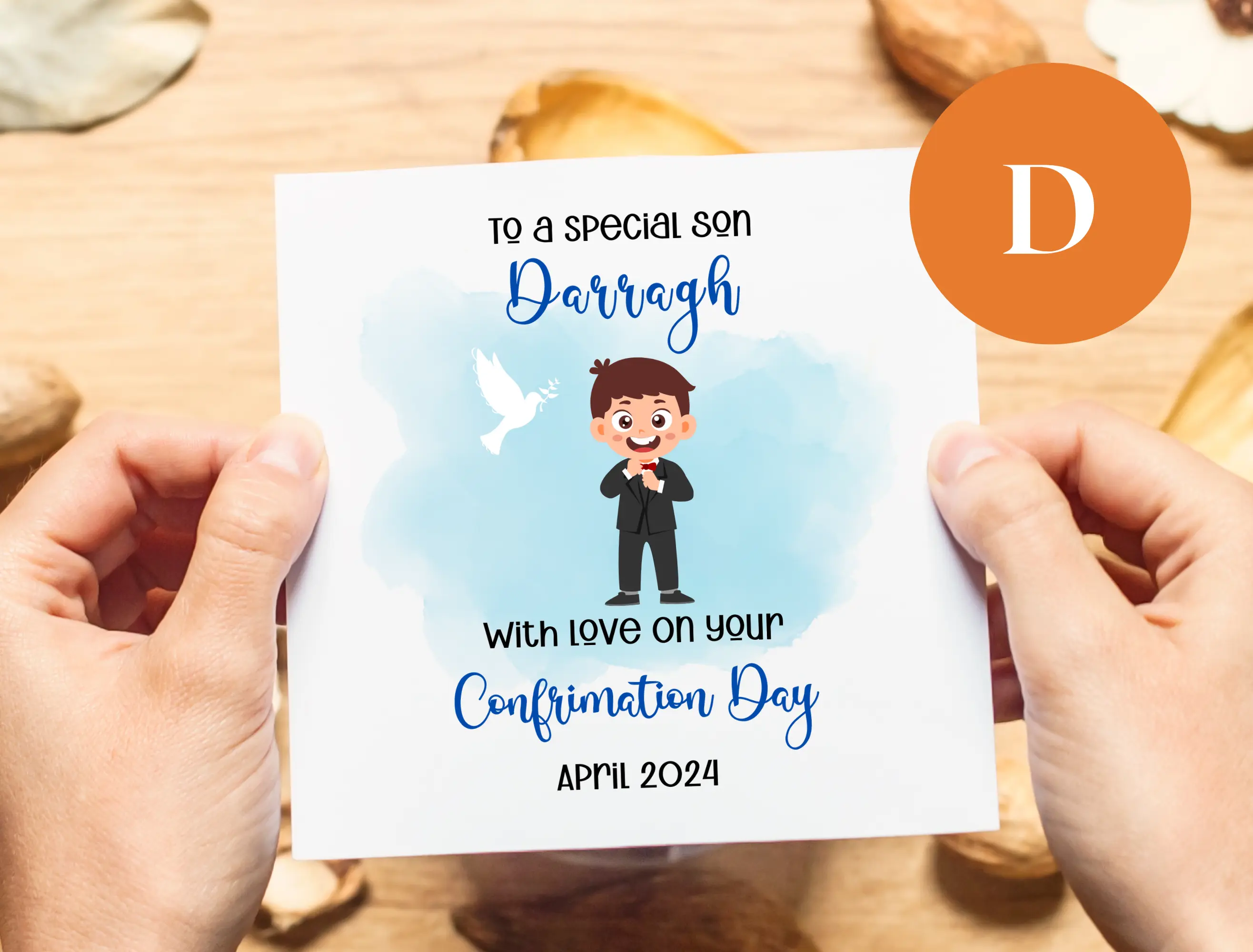 Personalised confirmation card for godson son name and date