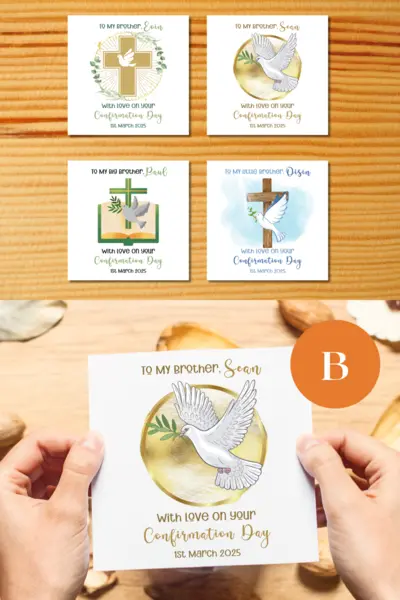 Simple customised confirmation card for brother with Holy Spirit & Christian symbols