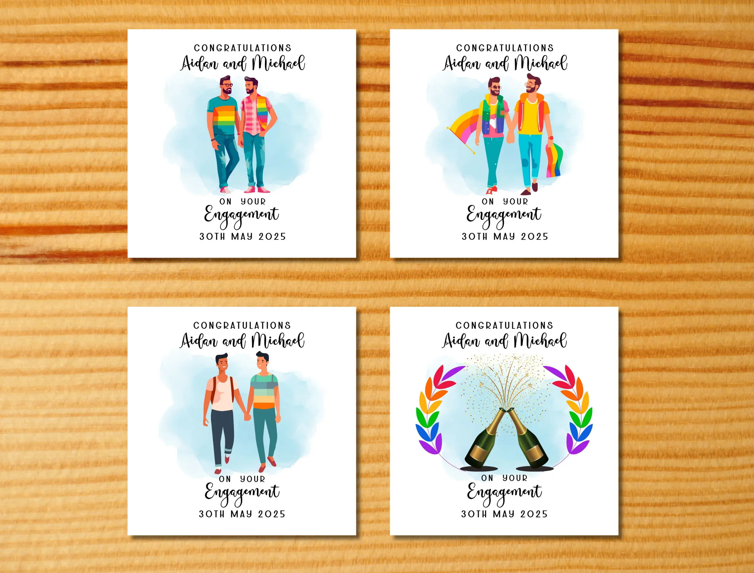 Engagement card gay couple personalised colourful