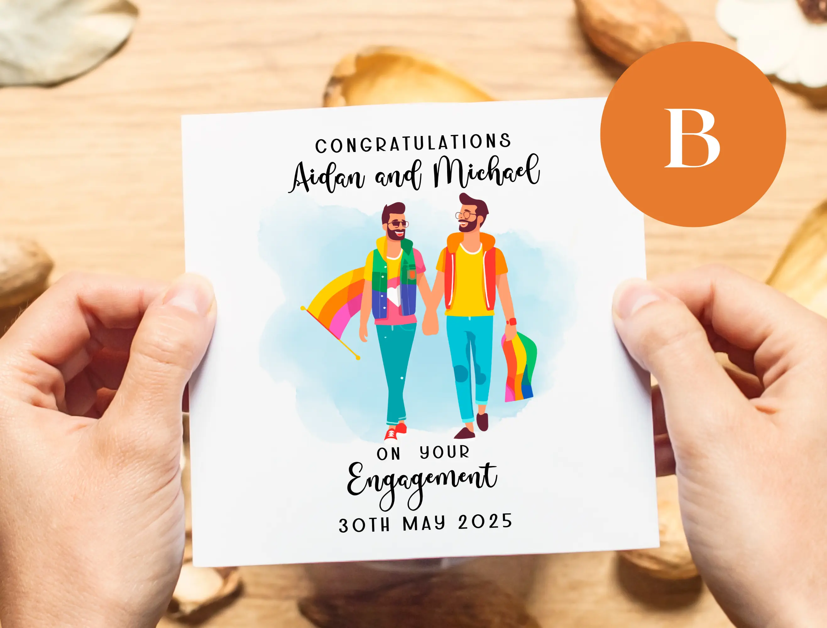Engagement card gay couple personalised colourful
