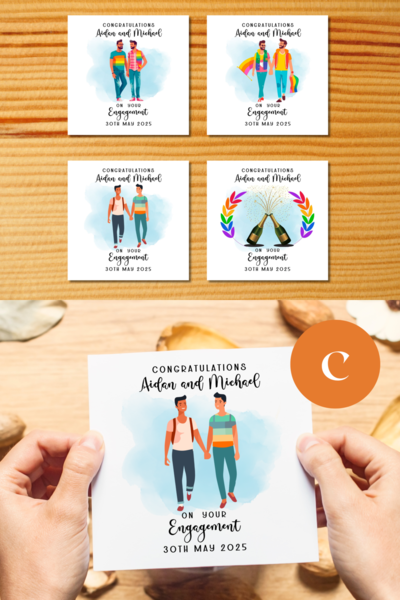 Engagement card gay couple personalised colourful