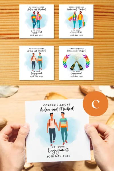 Engagement card gay couple personalised colourful