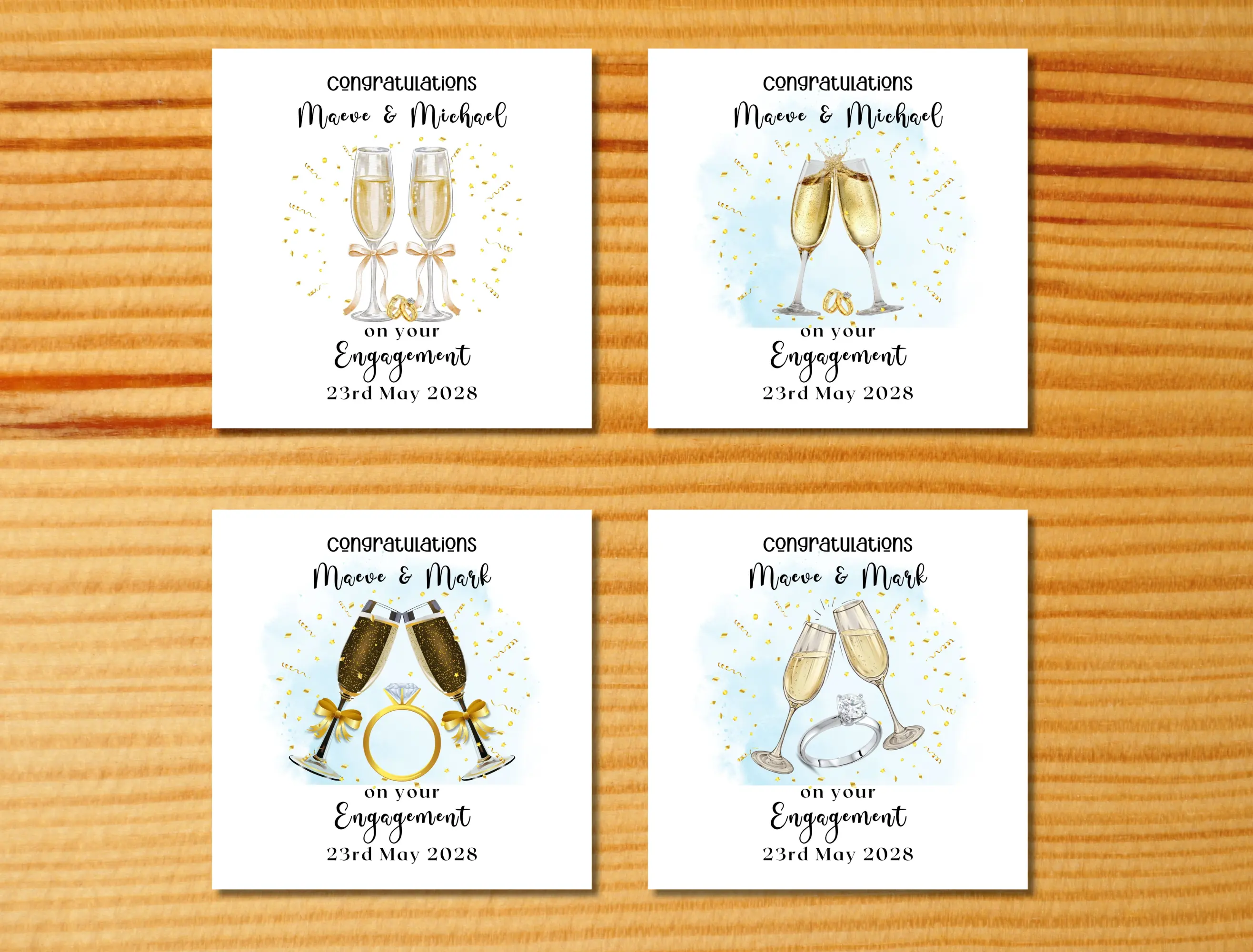 Personalised engagement card champagne glasses